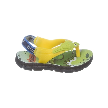 Na imagem temos um lindo chinelo de dedo infantil masculino Ortopé com detalhe de jacaré nas cores verde e amarelo. Elástico no calcanhar para prender o pezinho no calçado.