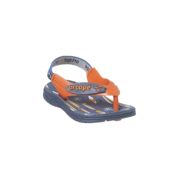 Lindo chinelo de dedo infantil masculino nas cores azul marinho e laranja. Elástico na parte traseira do chinelo para prender melhor o pé ao calçado.