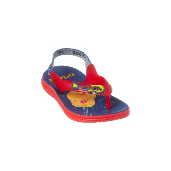 Na imagem, temos lindo chinelo de dedo infantil masculino nas cores vermelho e azul marinho, com estampa de violão no solado. Elástico na parte traseira para prender melhor o pé no calçado.