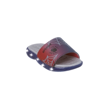 Na imagem temos um lindo chinelo slide infantil masculino Ortopé com estampa aranha nas cores azul e vermelho. Luz de led aplicada no solado.