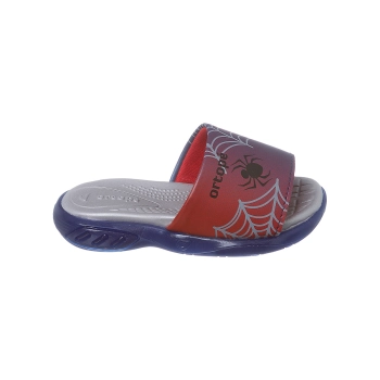 Na imagem temos um lindo chinelo slide infantil masculino Ortopé com estampa aranha nas cores azul e vermelho. Luz de led aplicada no solado.