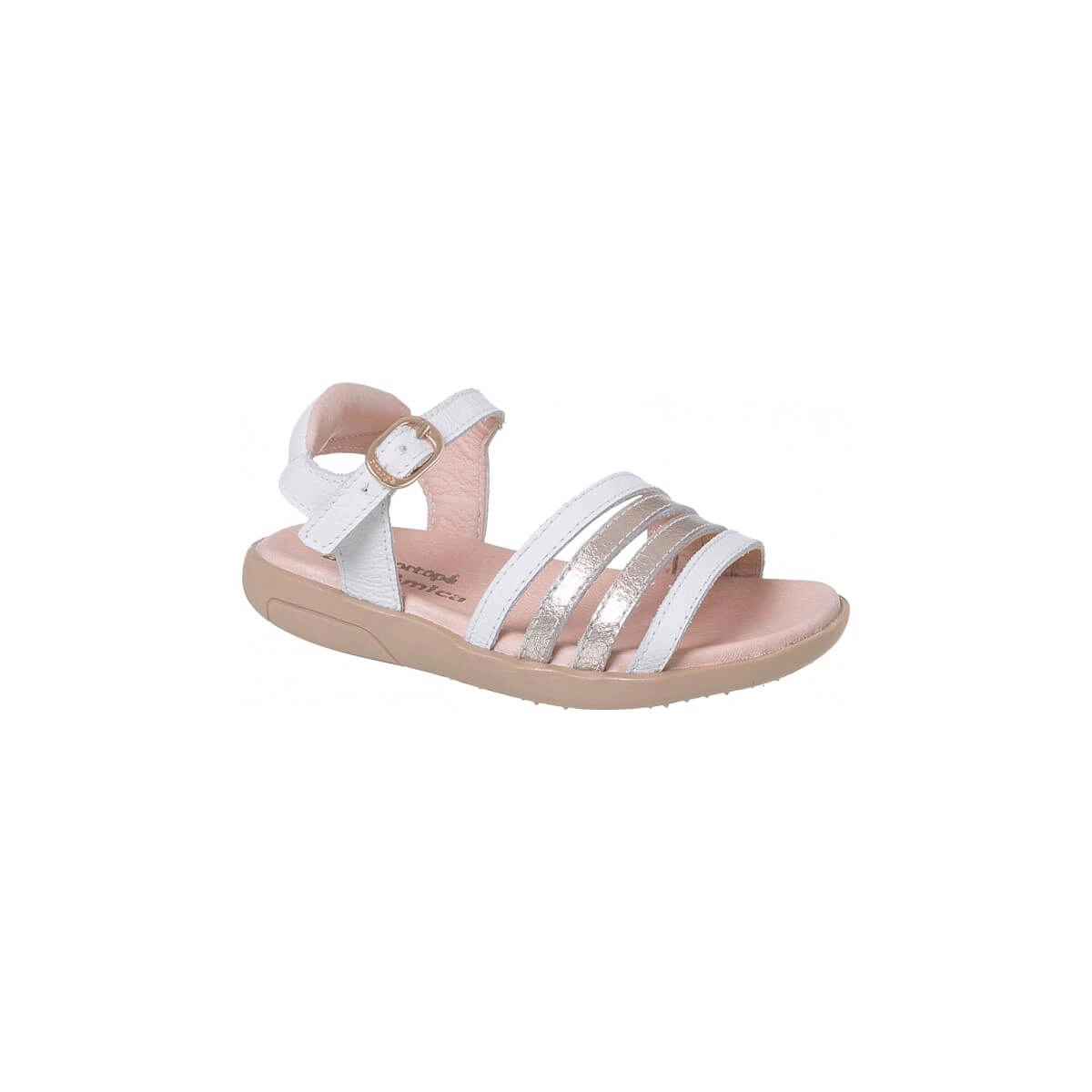 Sandália Rasteira Infantil Feminina Ortopé Autêntica Couro Off White/Ouro